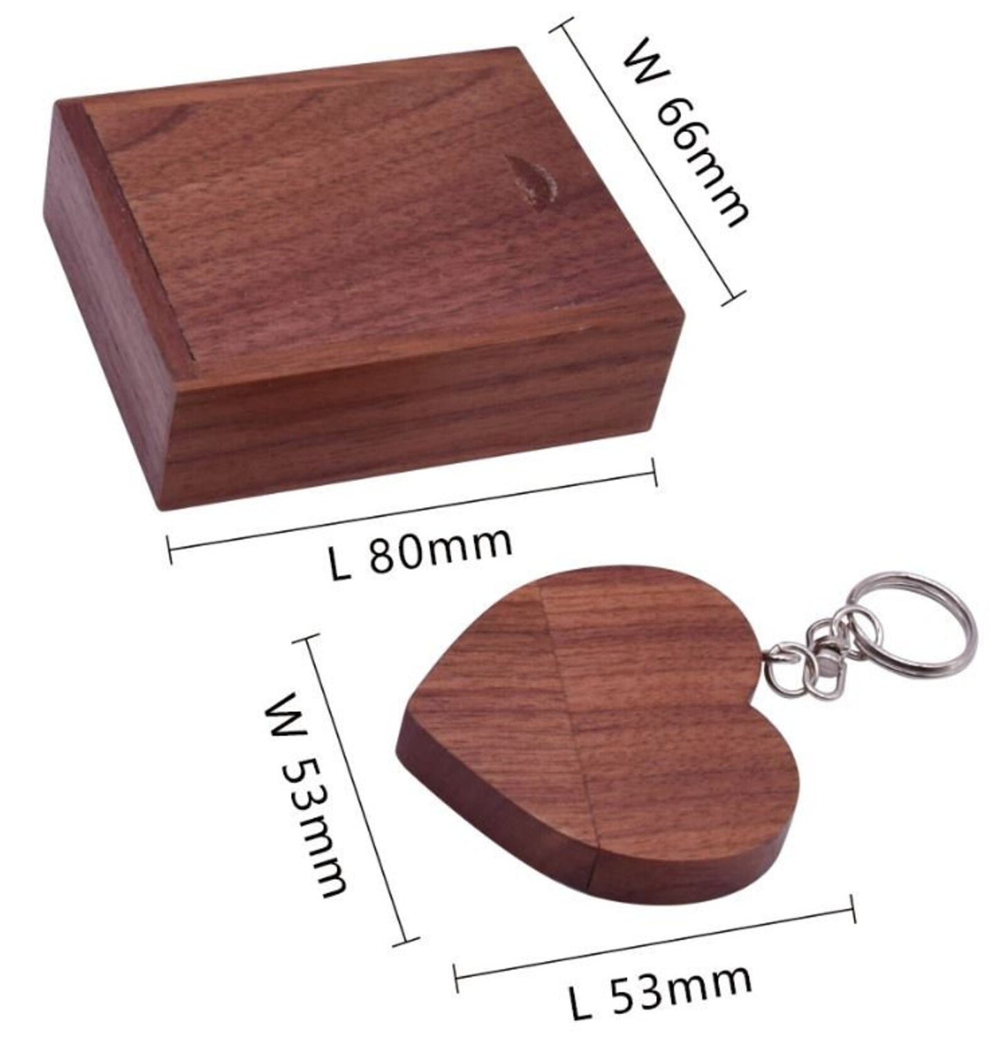 Personalisierter Herz-Walnuss USB Stick Schlüsselanhänger mit Box