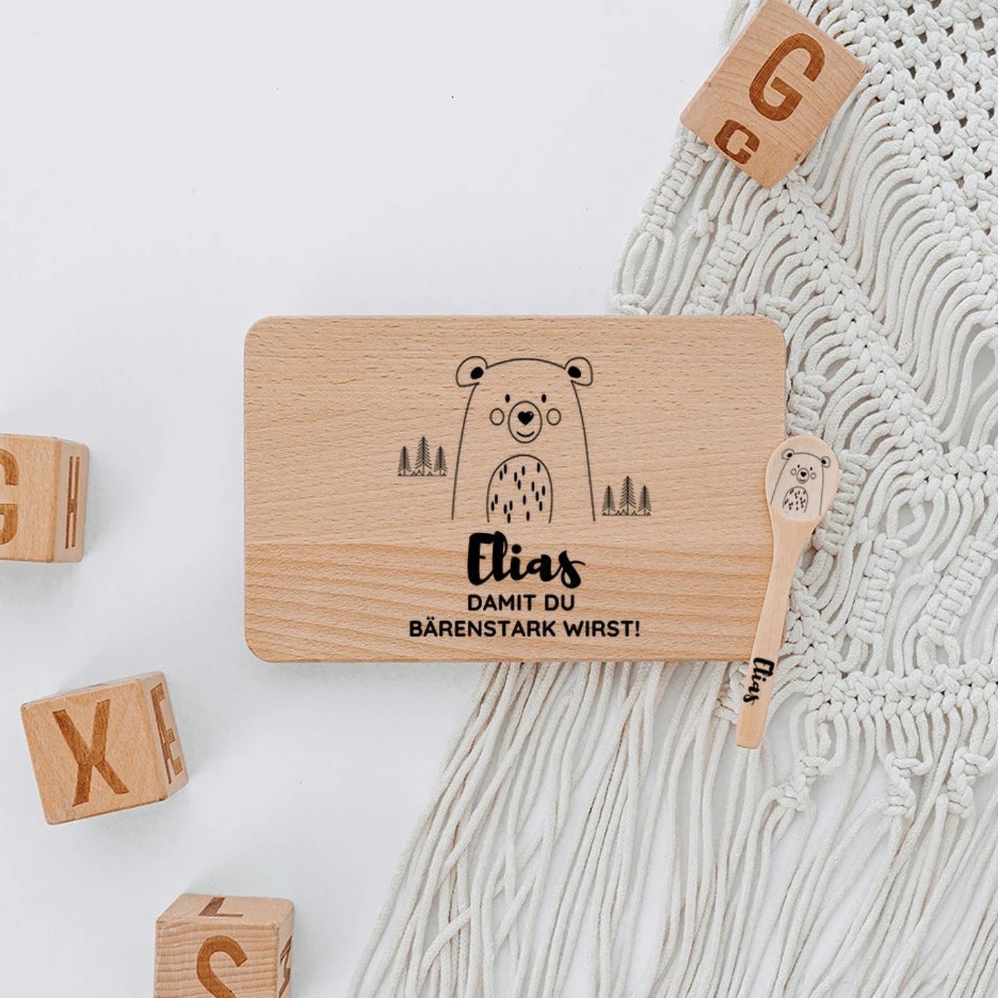 Personalisiertes Kinder Frühstücksbrett mit Besteck aus Holz