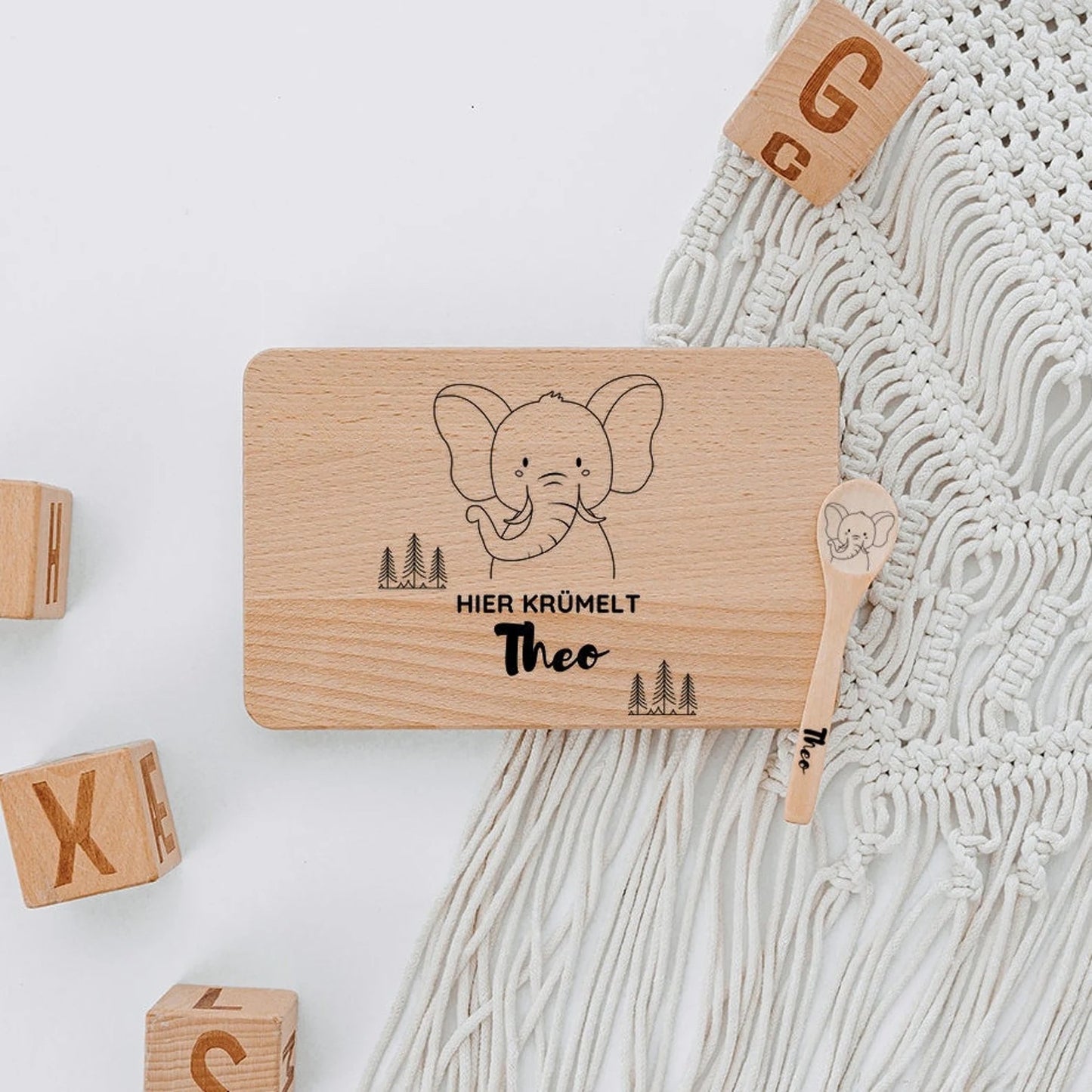 Personalisiertes Kinder Frühstücksbrett mit Besteck aus Holz