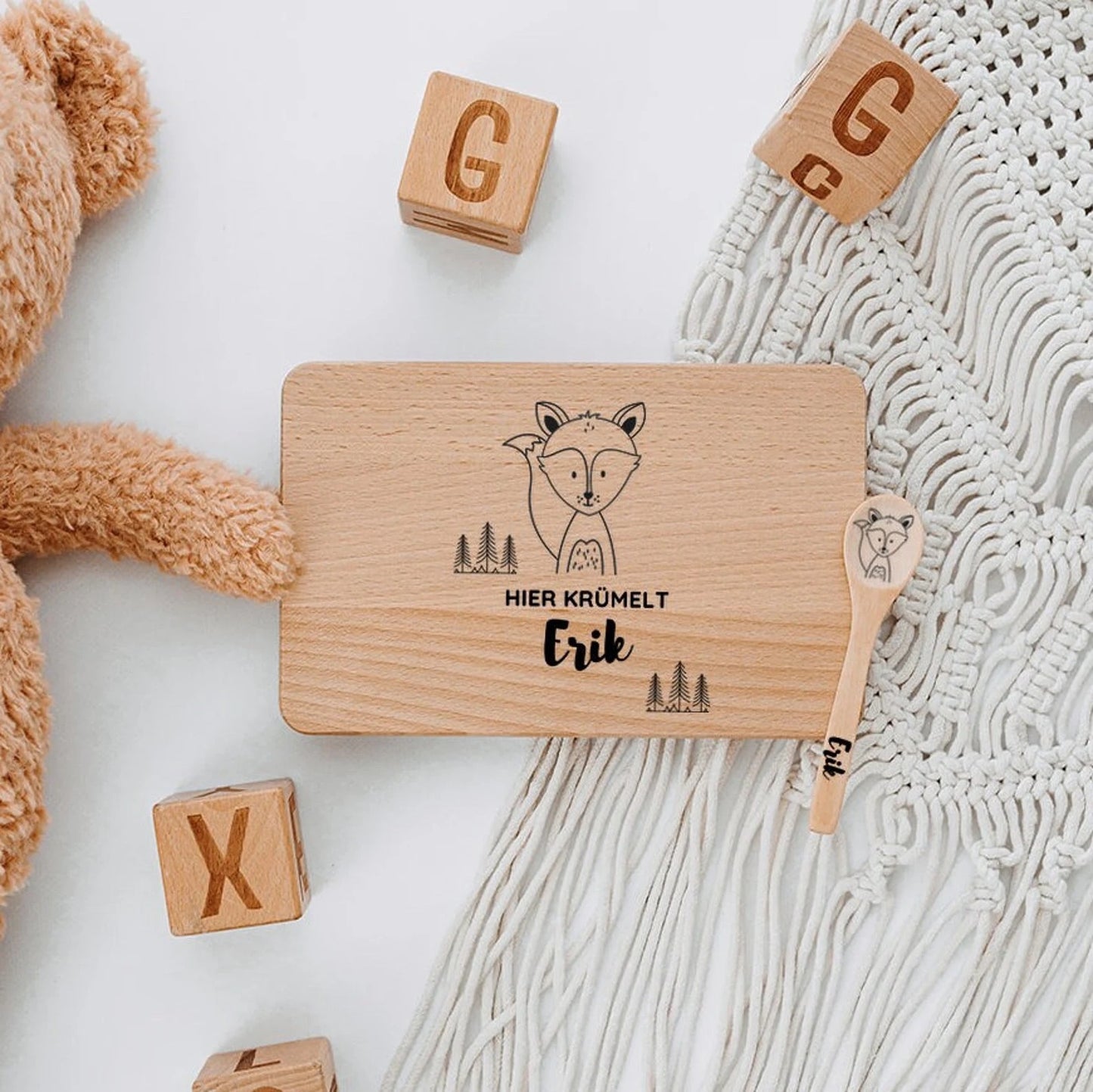 Personalisiertes Kinder Frühstücksbrett mit Besteck aus Holz