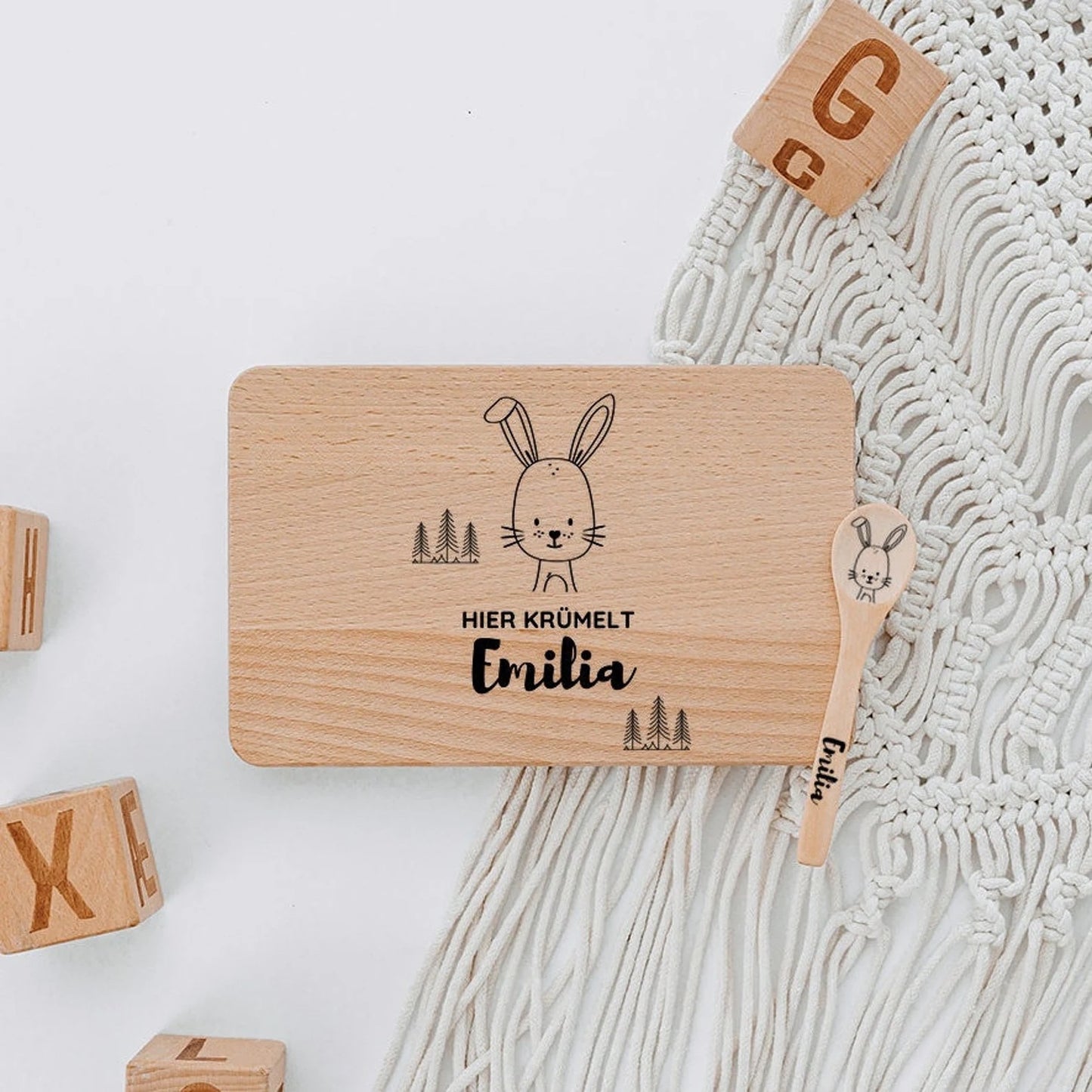 Personalisiertes Kinder Frühstücksbrett mit Besteck aus Holz