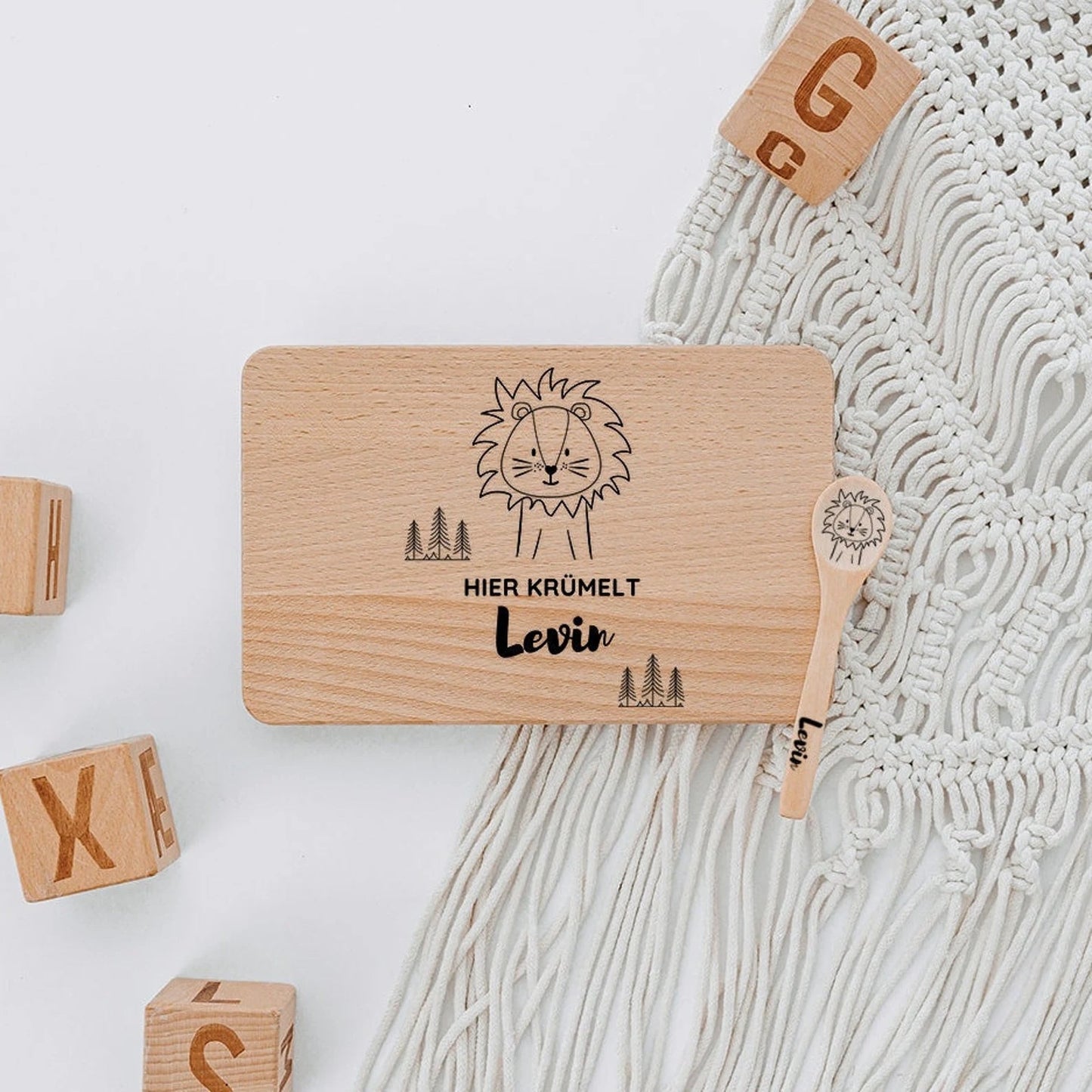 Personalisiertes Kinder Frühstücksbrett mit Besteck aus Holz