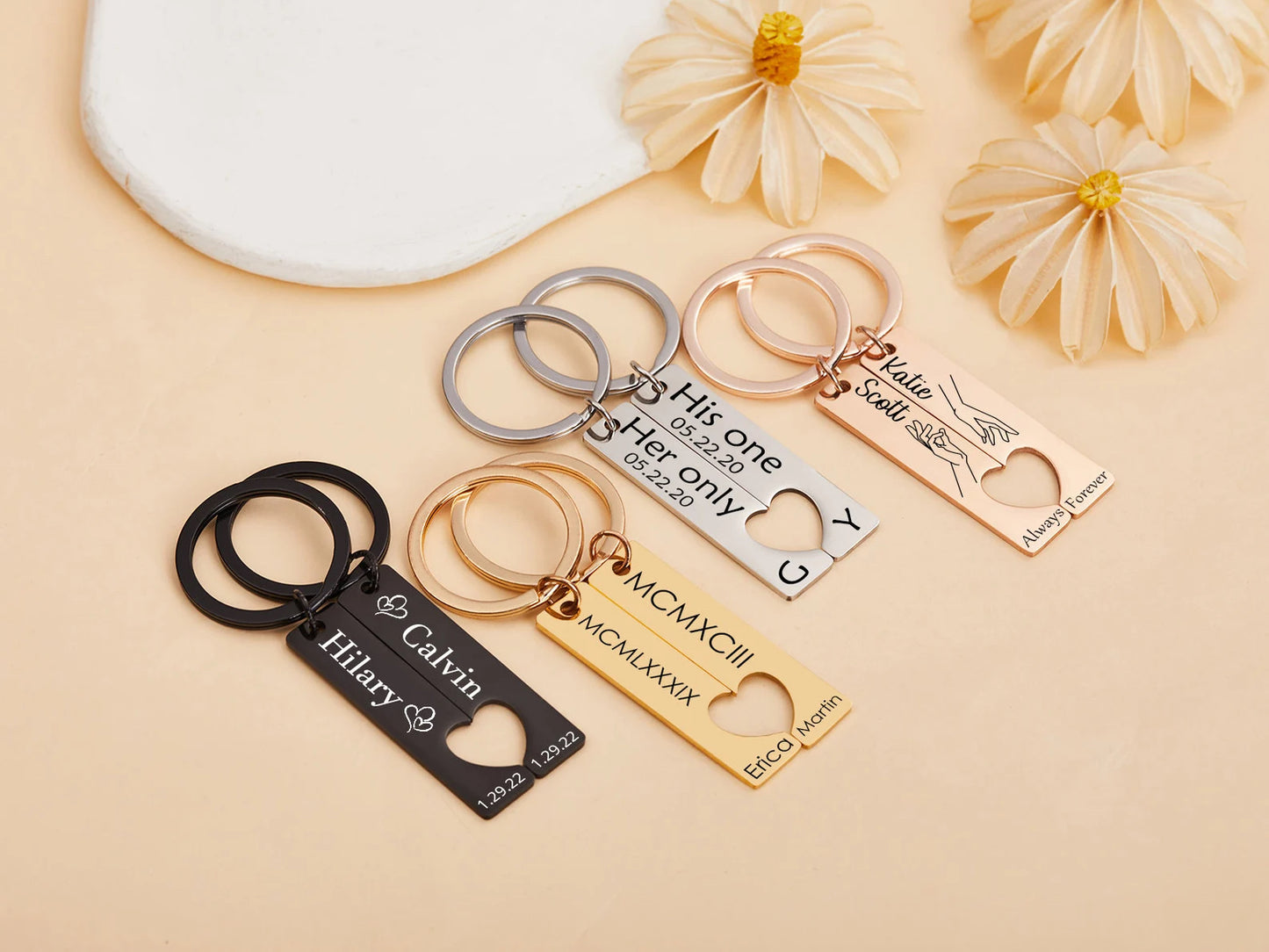 Schlüsselanhänger Set mit Herz für Paare mit Gravur