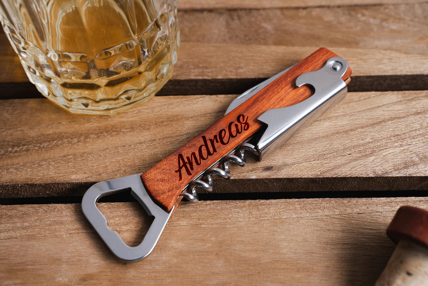 Personalisierter Flaschenöffner Korkenzieher aus Holz