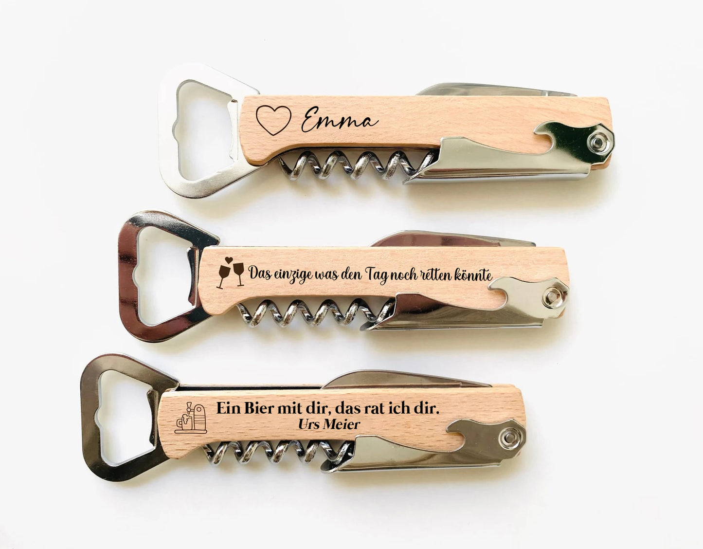 Personalisierter Flaschenöffner Korkenzieher aus Holz